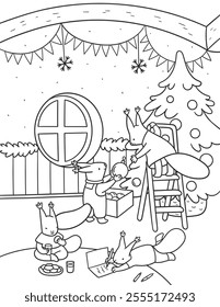 Vector hand-drawn illustration with squirrels decorate Christmas tree. Cute characters for New Year coloring book. Cartoon funny animals.