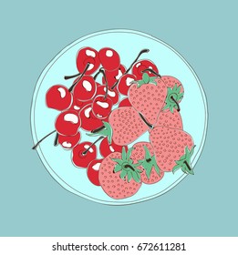 Vector hand-drawn illustration of a strawberry and cherry on a plate