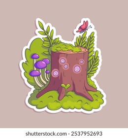 Vector hand-drawn illustration of stump with leaves and mushrooms isolated on white. 