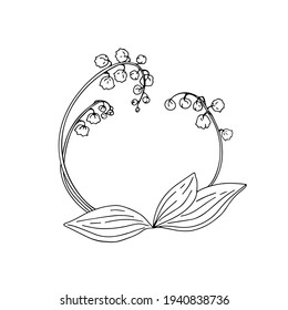 Vector hand-drawn illustration of a stylized frame with spring flowers on an isolated background. Lilies of the valley in a round frame. Elements for jewelry, stickers, postcards.