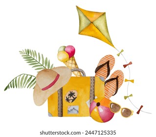 Vector Hand-Drawn Illustration Of Suitcase, Beach Slippers, Sunglasses, Ball, And Hat For Vacation Clipart On White Background