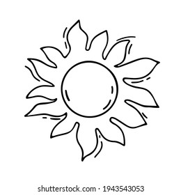Vector hand-drawn illustration of the sun on a white isolated background. The drawing will become a print, a sticker, an element of decorative packaging.