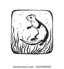 Vector hand-drawn illustration of swimming otter. Sketch in frame with wild water animal for stamp design.