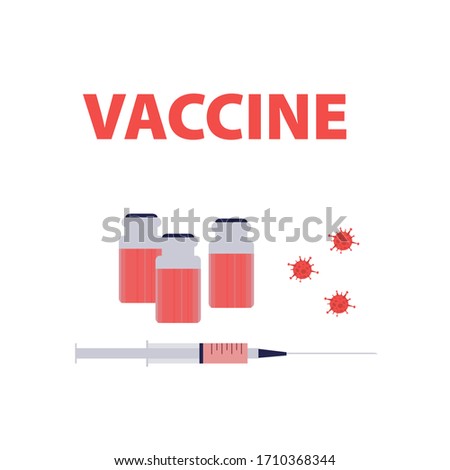 Vector handdrawn illustration of syringe and ampoule with the vaccine and viruses around. Vaccine covid-19. Medical concept
