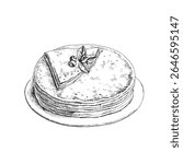 Vector hand-drawn illustration of thin pancakes on a plate. Black and white sketch of the crepe. 
