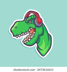 Vector hand-drawn illustration of tyrannosaurus in headphones isolated on white. Cartoon sticker with cool dinosaur. T-rex in comic style.