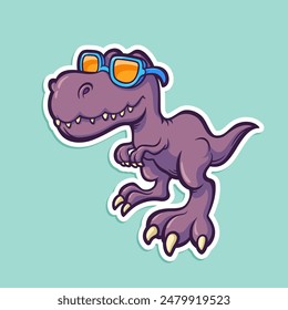 Vector hand-drawn illustration of tyrannosaurus with sunglasses isolated on white. Cartoon sticker with cool dinosaur. T-rex in comic style.