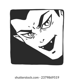 Vector hand-drawn illustration of a vampire's face with an open mouth. A hand-drawn Halloween symbol in the style of linocut.
