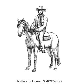 Vector hand-drawn illustration of vintage cowboy on horse. Black and white sketch of horseman. Wild West