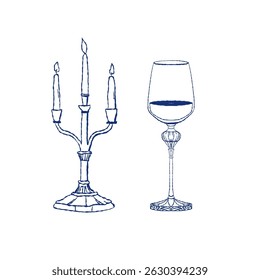 Vector hand-drawn illustration of a vintage three-arm candelabra with candles and a detailed wine glass. Elegant blue outline style for wedding decor, event branding, or print design.