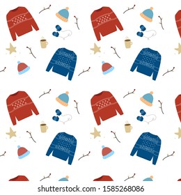 vector handdrawn illustration of warm winter woolen sweaters in scandinavian colors, seamless pattern