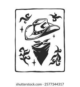 Vector hand-drawn illustration of western hat and neckerchief. Sketch of cowboy accessories. Wild West symbols.