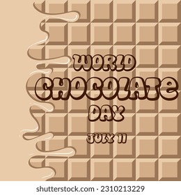 Vector hand-drawn illustration of white, milk chocolate with smudges for World Chocolate Day. The inscription World Chocolate Day is July 11. An idea for a poster, a postcard