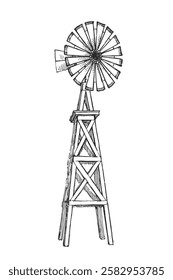 Vector hand-drawn illustration of wind pump. Black and white sketch of vintage device for pumping water. 