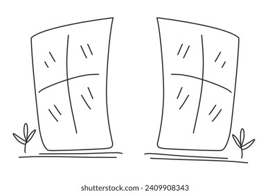 Vector hand-drawn illustration of window lineart sill with plants.