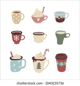 Vector handdrawn illustration winter christmas drinks set. Cute color Mugs with coffee, hot cocoa, chocolate milk, tea and cream. Isolated on white background