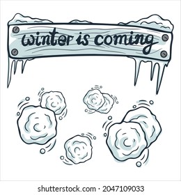 Vector hand-drawn illustration. Winter doodle set of board with ice and snowballs. Idea for icons, childrens illustrations, backgrounds and stickers.