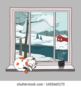 Vector hand-drawn illustration with winter landscape, cat and cup of tea or coffee. Cozy winter day.  The cat is sleeping on the windowsill