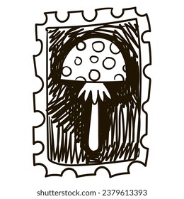 Ilustración de la mosca de la seta de la bruja dibujada a mano en el estilo de linocut, golpes con una pluma. Sello con el símbolo de Halloween, otoño. Dibujo en blanco y negro. Trazos de tinta, esbozo