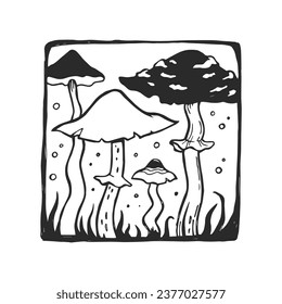 Vector hand-drawn illustration of witch mushrooms in linocut style. Stamp with Halloween symbol.