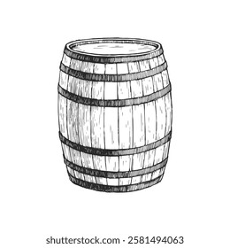 Vector hand-drawn illustration of wooden barrel. Black and white sketch of historical container for alcoholic beverages.