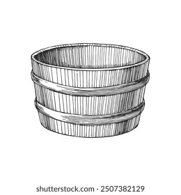 Vector hand-drawn illustration of wooden bucket isolated on white. Sketch of equipment of sauna in engraving style.