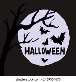 Vector handdrawn illustration with a word "Halloween", moonlight and flying bats.