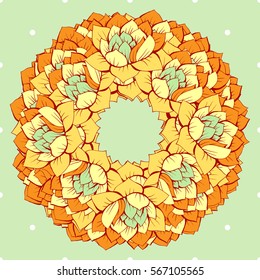 Vector handdrawn illustration with wreath of yellow, green and orange flowers on green polka dot background. Good for wedding invitation, banner, greetings card, t-shirt print design, poster, sticker