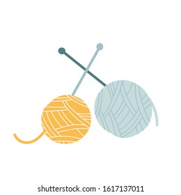 Vector handdrawn illustration of yarn balls with knitting needles, Simple modern drawing, good as icon or logo.