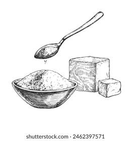 Vector hand-drawn illustration of yeast of different types. A sketch with fresh pressed and dry granulated instant yeast in the style of an engraving.