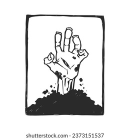 Vector hand-drawn illustration with the zombie hand bursting out of the grave. Stamp with Halloween symbol.