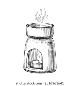 Ilustrações de lâmpada de aroma desenhadas à mão com vela isolada no branco. Esboço de acessórios para SPA em estilo de gravação.