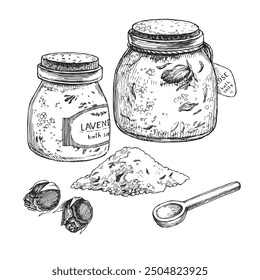 Vector hand-drawn illustrations of bath salts in glass jar isolated on white. Sketch of accessories for SPA in engraving style.