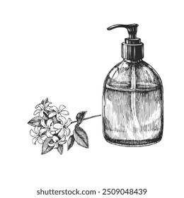 Ilustrações de um frasco de sabão líquido e um ramo de jasmim isolado no branco são desenhadas à mão. Esboço de acessórios para SPA em estilo de gravação.
