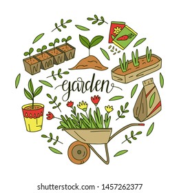 Vector hand-drawn illustrations of gardening. Growing flowers and plants. Images for gardener farm.
