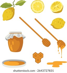 Vector hand-drawn illustrations of honey and lemon: jar of honey, honeycombs and honey dipper, lemon with leaves, half lemon. Perfect for product design, web, textile, wallpaper, wrapping paper etc