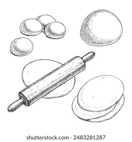 Vector hand-drawn illustrations of process of forming of tortillas in engraving style. Sketches of work with dough for recipe design.