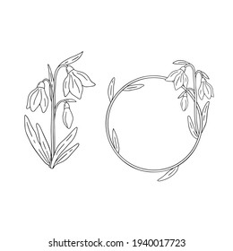 Image vectorielle illustrations dessinées à la main de fleurs printanières et cadre sur fond blanc. Chute de neige et cadre rond. Le dessin peut être utilisé pour imprimer des invitations, des étiquettes, des autocollants, des décorations de vêtements.