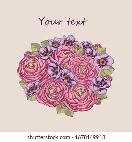 Vector hand-drawn image of flowers.
Greeting card.
Bouquet.