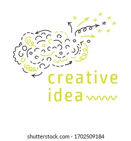 Vector hand-drawn image of a human brain with curls, arrows, lines and other symbols, drawn on a white background. Creative illustration for the logo of innovative thinking, new ideas, brainstorming.