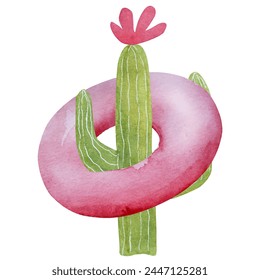 Vector Hand-Drawn Image Of A Summer-Themed Watercolor Illustration Features A Cactus With A Swimming Ring Clipart On A White Background