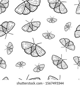 Vector hand-drawn ink contour black-and-white seamless repeating pattern with moths, butterflies on a white background. Seamless pattern with insects. Butterflies Moths.