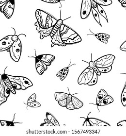 Vector hand-drawn ink contour black-and-white seamless repeating pattern with moths, butterflies on a white background. Seamless pattern with insects. Butterflies Moths.