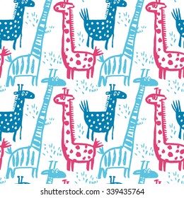 Vector hand-drawn ink seamless pattern with  cute cartoon doodle giraffe. african animal