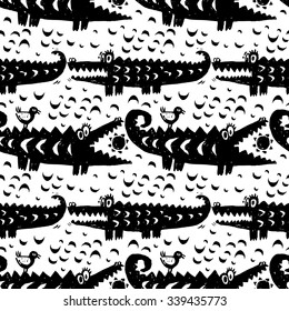 Vector hand-drawn ink seamless pattern with  cute cartoon doodle crocodile. african animal