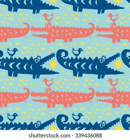 Vector hand-drawn ink seamless pattern with  cute cartoon doodle crocodile. african animal