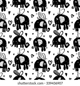 Vector hand-drawn ink seamless pattern with  cute cartoon doodle elephant. african animal