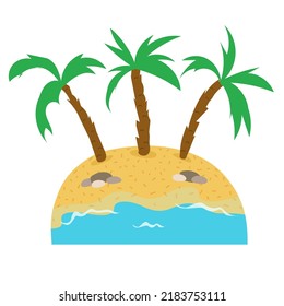 Vector hand-drawn island with sand, ocean waves and palm trees isolated on a white background.