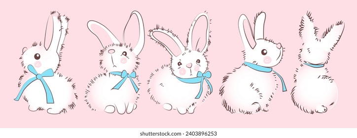 Vector hand-drawn isolated character cute white rabbit with a blue ribbon and bow on his neck in different angles on a pink background.