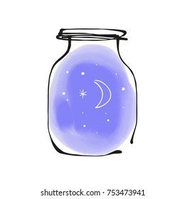 Vector hand-drawn jar, vessel, bulb, flask. Moon and stars, gift, bauble, magic object, fairy-tale. Illustration, print, postcard, element for design. Isolated objects.